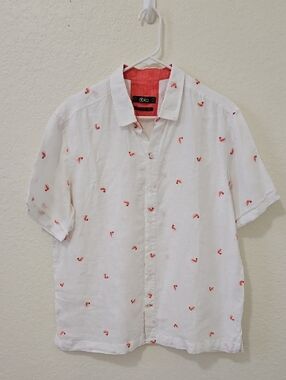 Abito 100% White Short-Sleeve Linen Shirt with Red Embroiderd Shrimp
